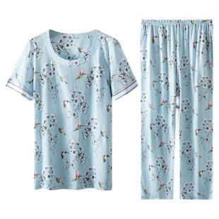 舒雅睡衣女夏款棉莫代尔短袖长裤套装家居服圆领宽松透气薄款简约