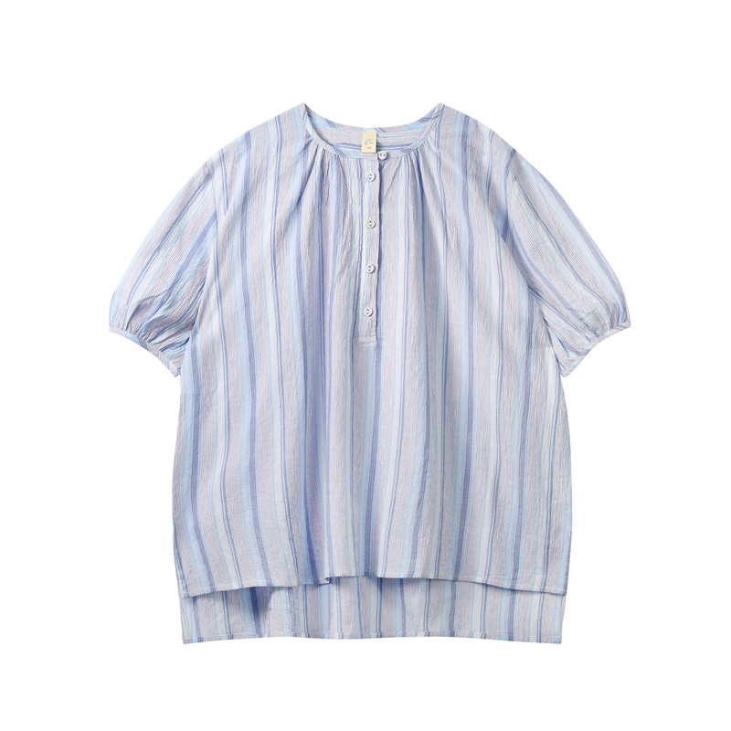 蓝色条纹衬衣夏季女童纯棉上衣