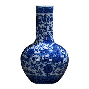【柴窑】景德镇陶瓷中式花瓶仿古青花穿花龙纹天球瓶公司收藏摆件