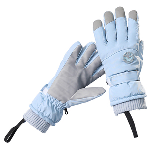 蓝色滑雪手套女骑车防风防寒东北加厚保暖哈尔滨玩雪防水带防丢绳