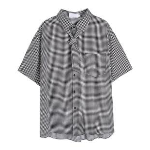 GENESISBOY 韩版ins同款配领带时髦感千鸟格薄款垂感短袖衬衫男女