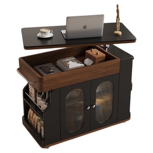 蓝色理想中古风实木茶几家用小户型客厅可升降可移动收纳茶台边几