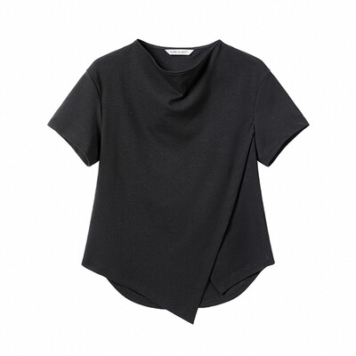 芸蚁〔暧〕软糯感小荡领不对称错落结构多色短袖T恤