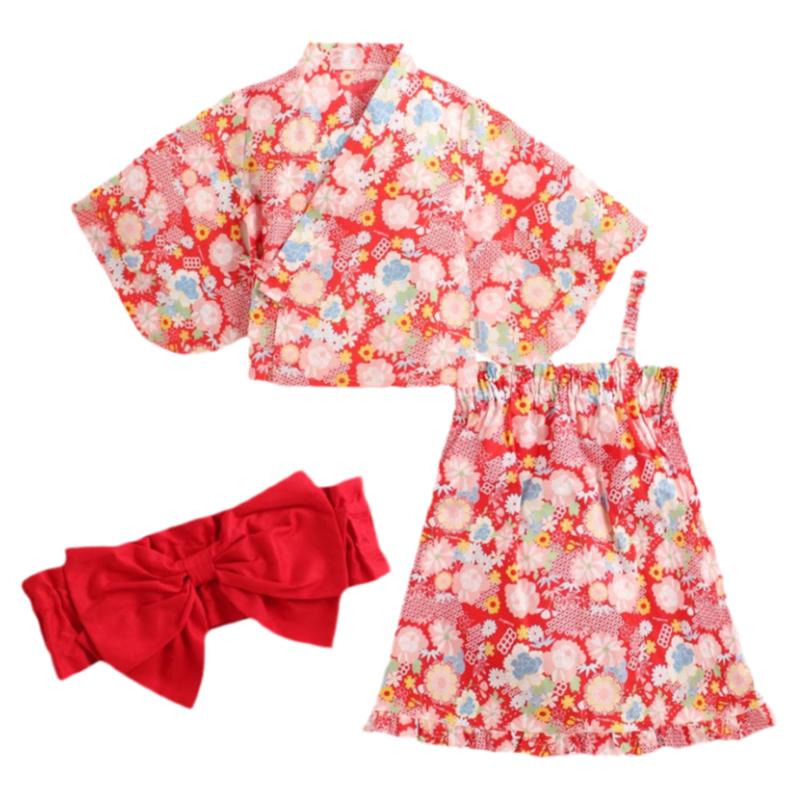 Augelute夏日兒童二件式和服洋裝+腰帶 日系女童套裝22011