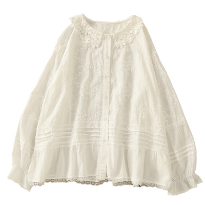 甜美风蕾丝拼接镂空娃娃领长袖衬衫女秋宽松文艺温柔减龄衬衣内搭