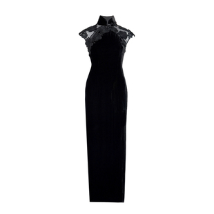 法式立裁 QIAOUNCHY俏云曦 | 黑色真丝丝绒蝴蝶背手绣旗袍连衣裙