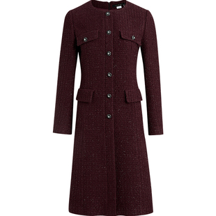 [精致衣橱]LANDI酒红色圆领绵羊毛金葱小香风连衣裙女2025冬新品