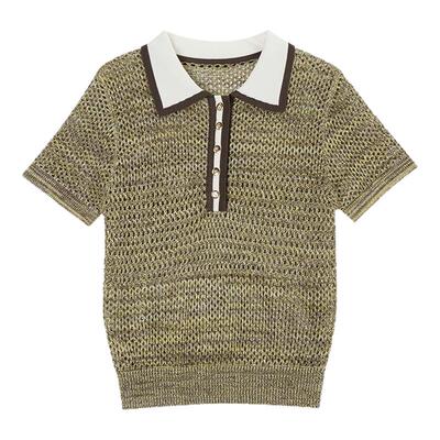 亚麻莱塞尔镂空针织撞色T恤上衣