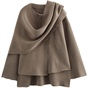 【包邮】欧美风2025秋季新款配围巾不对称设计感针织大衣斗篷外套
