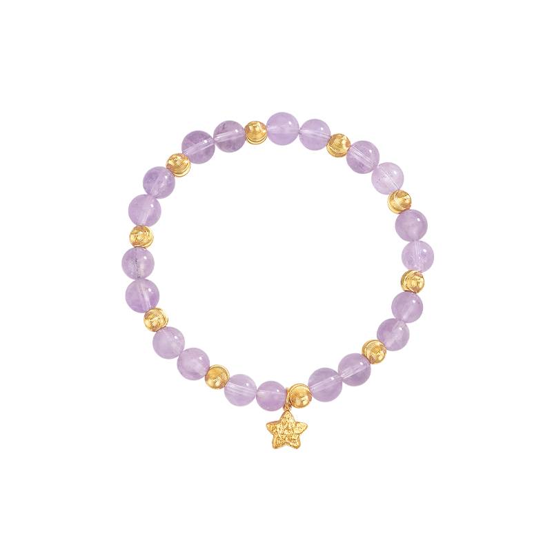 明牌珠宝古法黄金猫眼珠手串 足金紫水晶金珠锤纹星星手链AFK0438