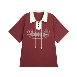 紫涵撞色系带红色POLO衫女士夏季新款美式复古学院风印花短袖T恤