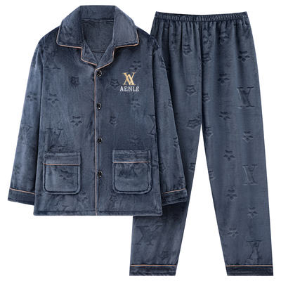 法兰绒睡衣男士加厚保暖外穿套装