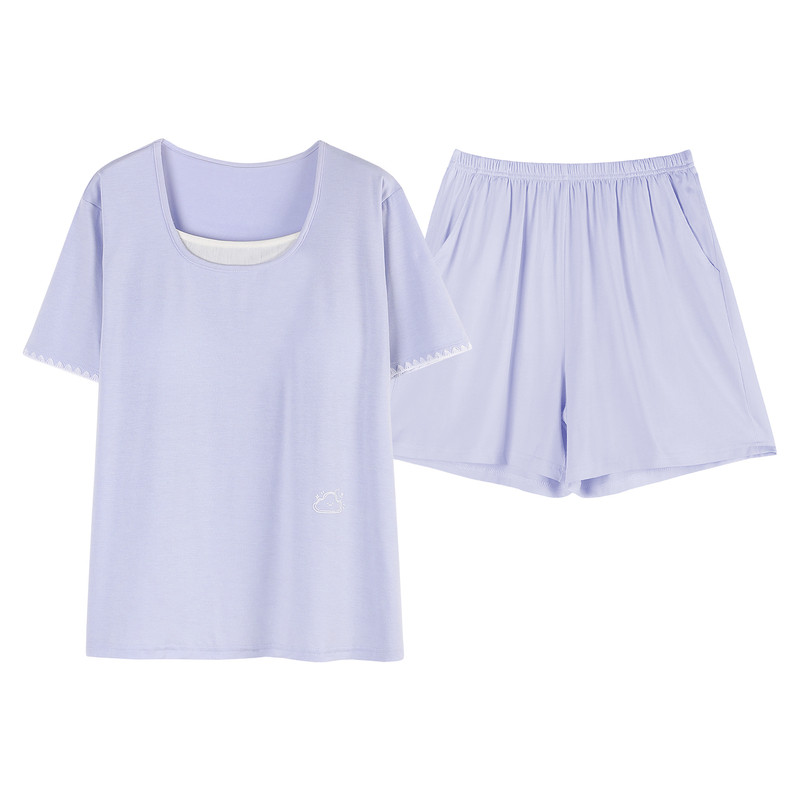 夏季莫代尔女睡衣套装带胸垫