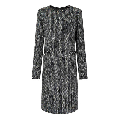 BCBG25秋冬新款气质通勤设计感经典织带饰边小香风粗花呢女连衣裙