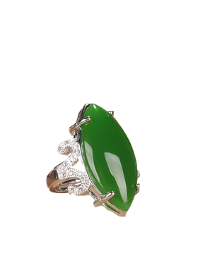 新疆和田玉碧玉戒指 韩款925银镶嵌少女款菠菜绿玉戒指潮流玉指环