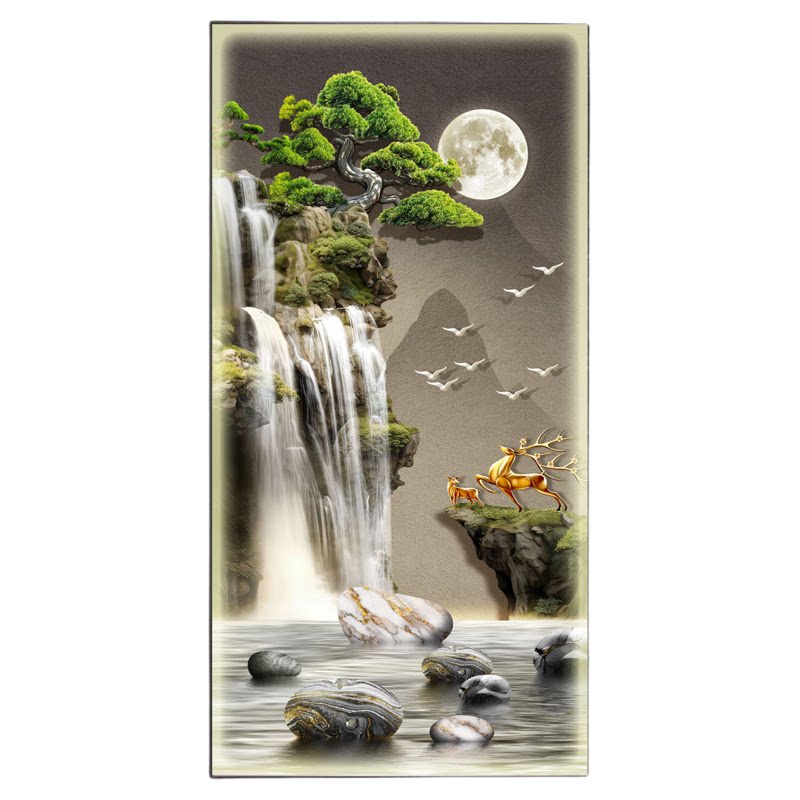 流水生财轻奢高端玄关画入户门装饰画新中式山水风景LED带灯壁画