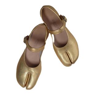 HOME WORK原创设计师手工忍者分趾头层牛皮平底玛丽珍单鞋淡金