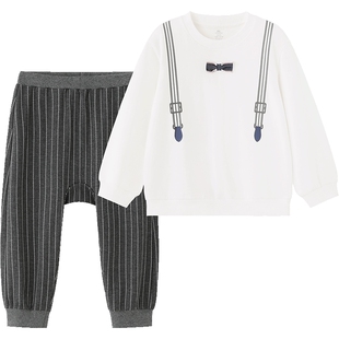 英氏儿童套装衣服春秋新款休闲男童圆领卫衣条纹裤子宝宝两件套