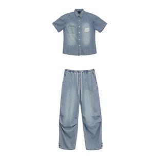 CBXLAB街舞潮牌蓝色美式街头嘻哈牛仔套装女复古衬衫爵士跳舞长裤