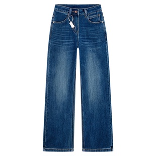 2025新款直筒分叉牛仔裤女微胖妹妹MM梨型身材宽松高腰显瘦阔腿裤