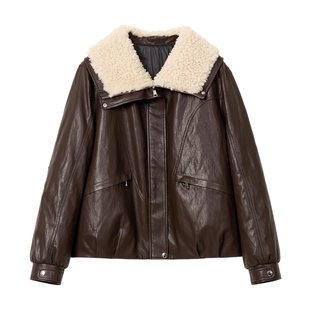 蓝语大码仿羊羔毛翻领机车皮衣外套女2025冬季保暖90白鸭绒羽绒服