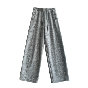 花灰色加绒澳洲羊毛弯刀裤女秋冬高腰垂感卫裤粗纺针织直筒阔腿裤
