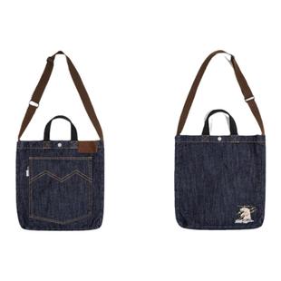 马登工装美式复古牛仔单肩斜挎包丹宁刺绣大容量手提平板托特包男