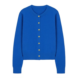 孔雀蓝气质金扣针织衫开衫女早春新款宽松显瘦软糯毛衣外套上衣