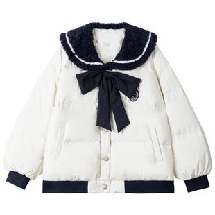 KEIKO 气质海军领白色短款羽绒服冬季学院风蝴蝶结加厚白鸭绒外套