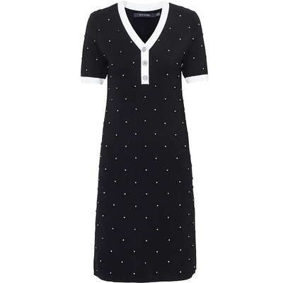 马天奴V领钉珠针织连衣裙