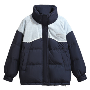 韩版休闲立领白色面包羽绒服女2025冬装新款学生牛仔拼接加厚外套