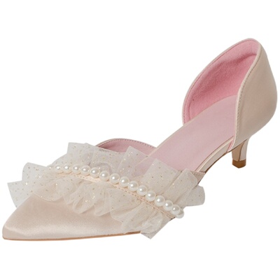 薮椿网纱珍珠浅口中空高跟鞋婚鞋