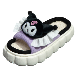 三丽鸥亚麻拖鞋女厚底家用室内防滑四季透气家居地板拖可爱库洛米