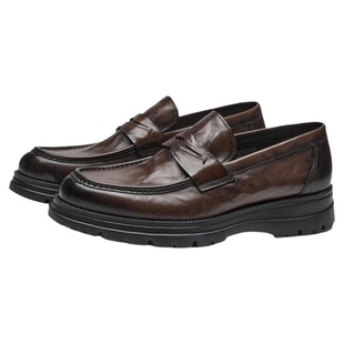 宾度男鞋头层牛皮乐福鞋26秋冬新品真皮抓花纹轻质一脚蹬增高皮鞋