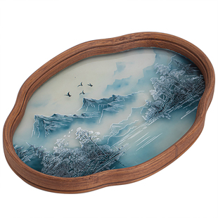国潮山水玻璃托盘竹边海棠奉茶盘禅意复古功夫茶具收纳盘干泡壶承