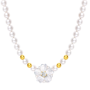 潮宏基花韵s925银仿珍珠贝壳项链银饰套链锁骨链花朵甜美生日礼物