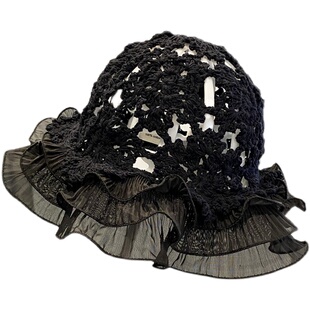 针织钩花镂空帽子女春夏季新款洋气时尚蕾丝花边渔夫帽凹造型盆帽