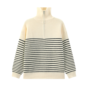 半拉链高领针织毛衣内搭男冬季加厚条纹针织衫上衣男款秋冬外套