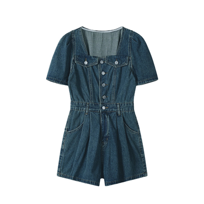 DPLAY2025年夏季新款蓝色牛仔连体裤女好看法式连衣裤连体短裤