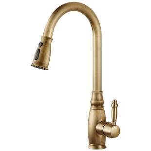 厨房水龙头水槽伸缩旋转防溅水单孔黄铜仿古抽拉式家用冷热洗菜盆