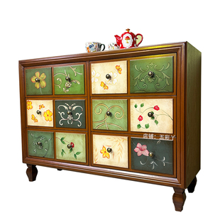 美式乡村实木斗柜彩绘复古客厅卧室收纳储物抽屉五斗橱中古玄关柜