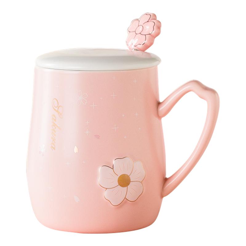 陶瓷少女心浮雕花朵喝水马克杯
