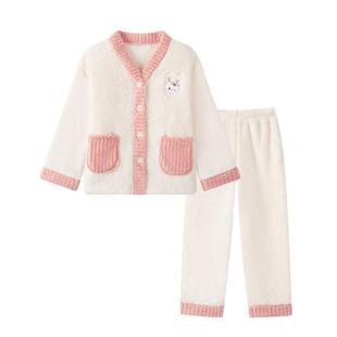 deesha笛莎加厚双面法兰绒女童加绒开衫套装春秋冬家居服睡衣睡裤