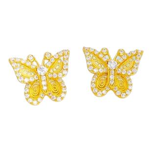 新中式古法花丝蝴蝶耳钉 女纯银镀18K黄金色镶钻镂空耳环时尚设计