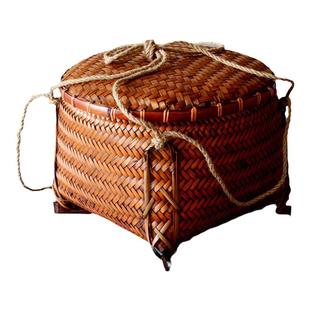 扁担箩筐收纳竹编筐家用喜事竹制品带盖老式结婚喜庆拜神棕色大号