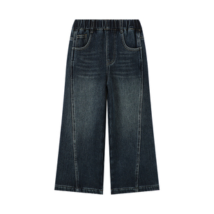 布丁哈鲁冬装女童童装加绒裤子2025秋冬款儿童加厚阔腿牛仔裤