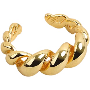 韩国设计感925银麻花螺旋牛角包开口戒指可颂光面扭结18k金叠戴戒