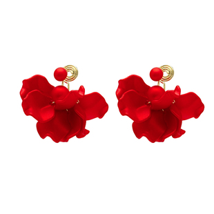 新年过年耳钉夸张复古褶皱红色花朵无洞优雅气质高级感蚊香盘耳夹
