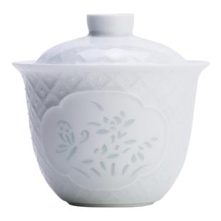 景德镇官方陶瓷影青玲珑白瓷二才盖碗茶杯茶具高档泡茶茶碗不烫