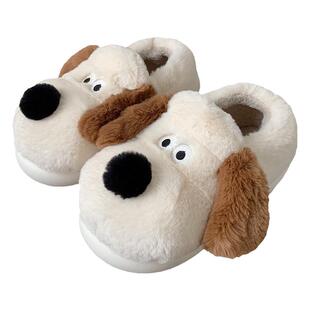 细细条 一家三口棉拖鞋男女冬季可爱掌门狗毛绒保暖包跟家居鞋ins